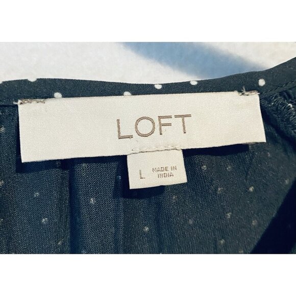 LOFT Top Womens Large Gray Dotted Smocked MIxed Media Cottagecore Romantic Flowy - Picture 6 of 8